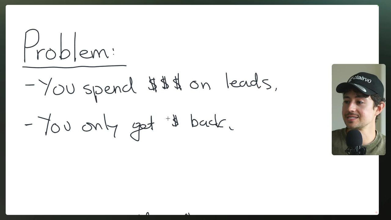 Whiteboard problem statement: "You spend $$$ on leads, You only get $ back,"