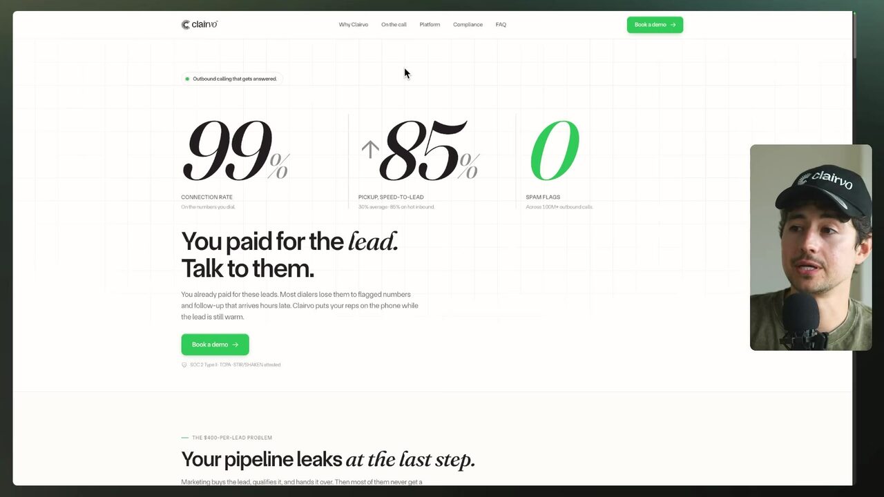 A light Clairvo webpage highlights lead performance with large 99% connection rate, 85% pickup speed-to-lead, and green 0 spam flags metrics.