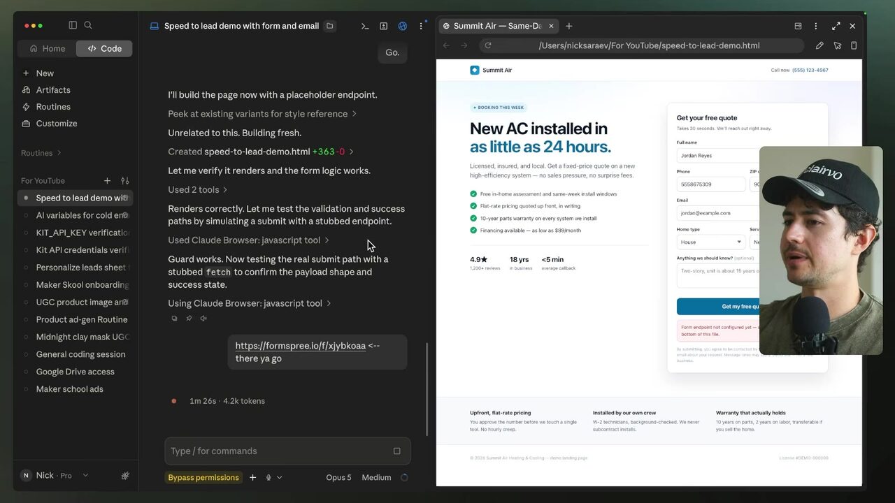 Claude Code's browser preview displays a Summit Air quote-request form promoting AC installation in as little as 24 hours.