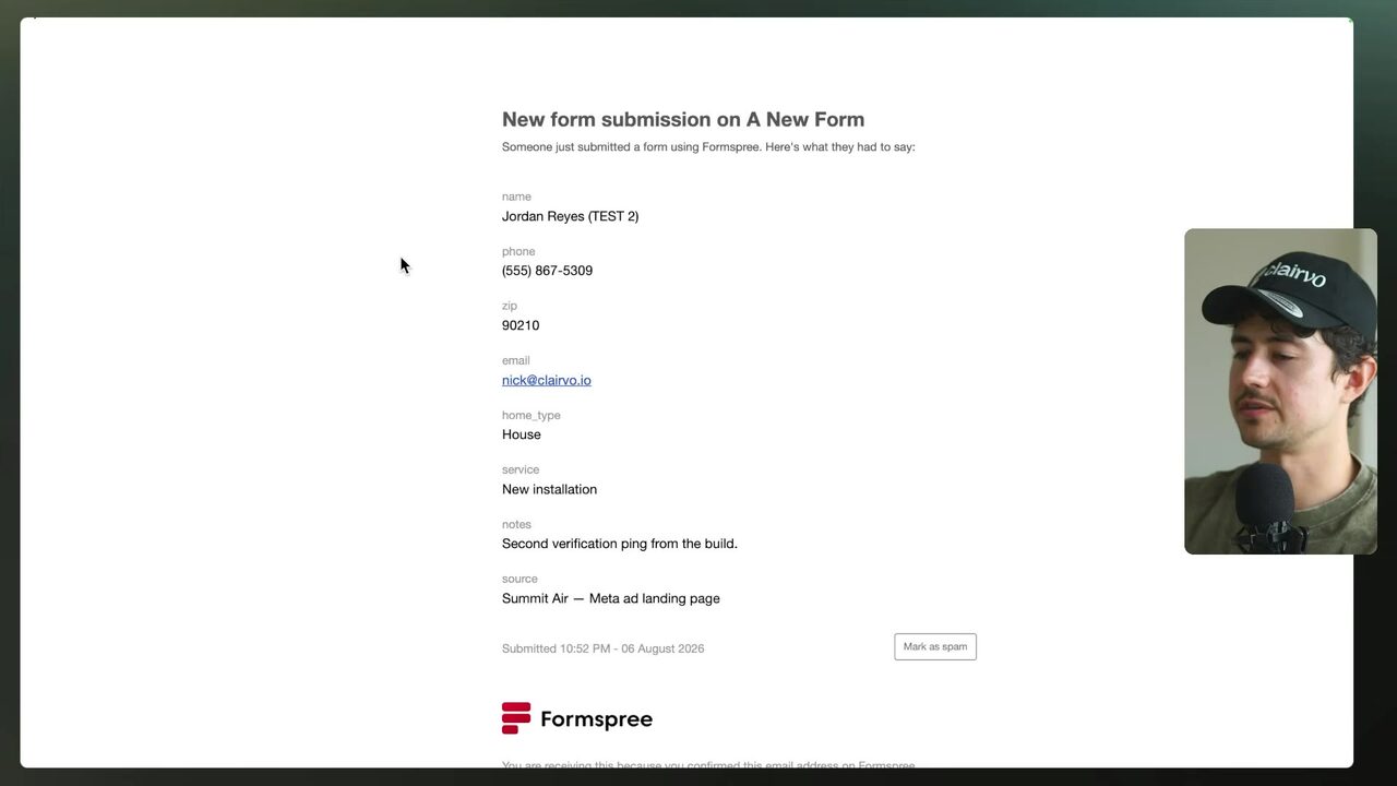 A received Formspree submission email displays the lead's ZIP code, email, home type, service, notes, and source.
