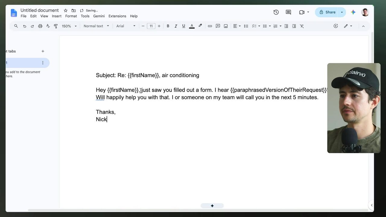 Google Docs displays the drafted speed-to-lead reply email with a personalized subject, callback promise, and Nick's sign-off.