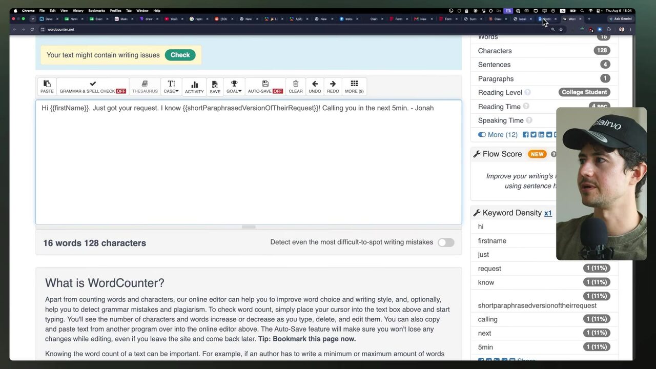 The WordCounter web editor displays a 16-word analysis, explanatory "What is WordCounter?" content, and stacked writing-analysis controls in the right sidebar.