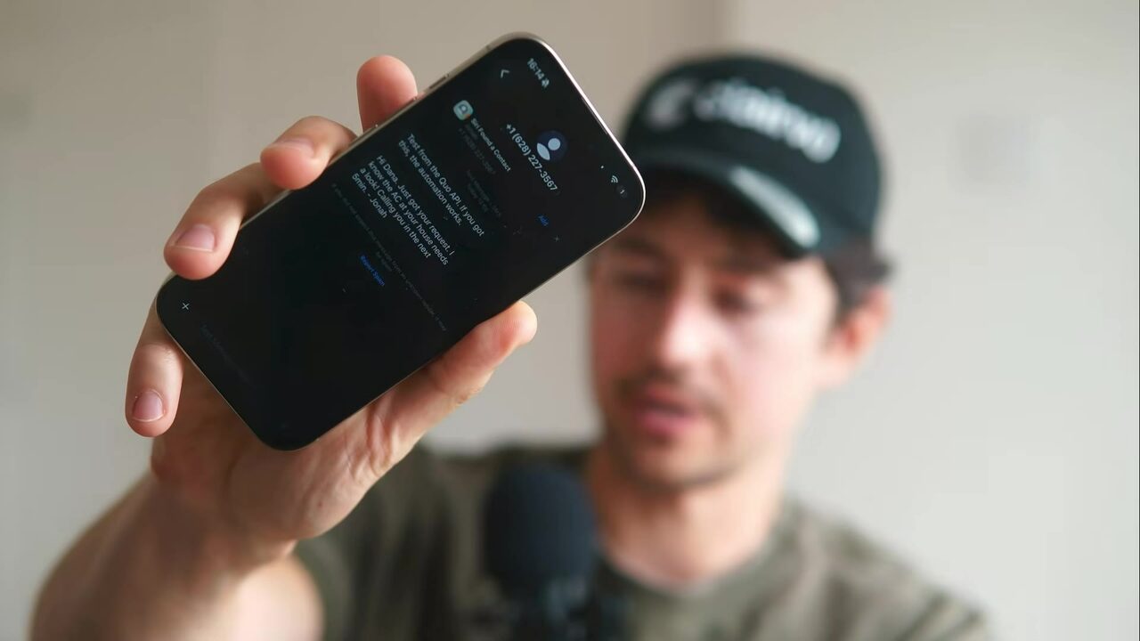 A phone displays an incoming Quo API SMS reporting an AC lead and promising a callback within five minutes.