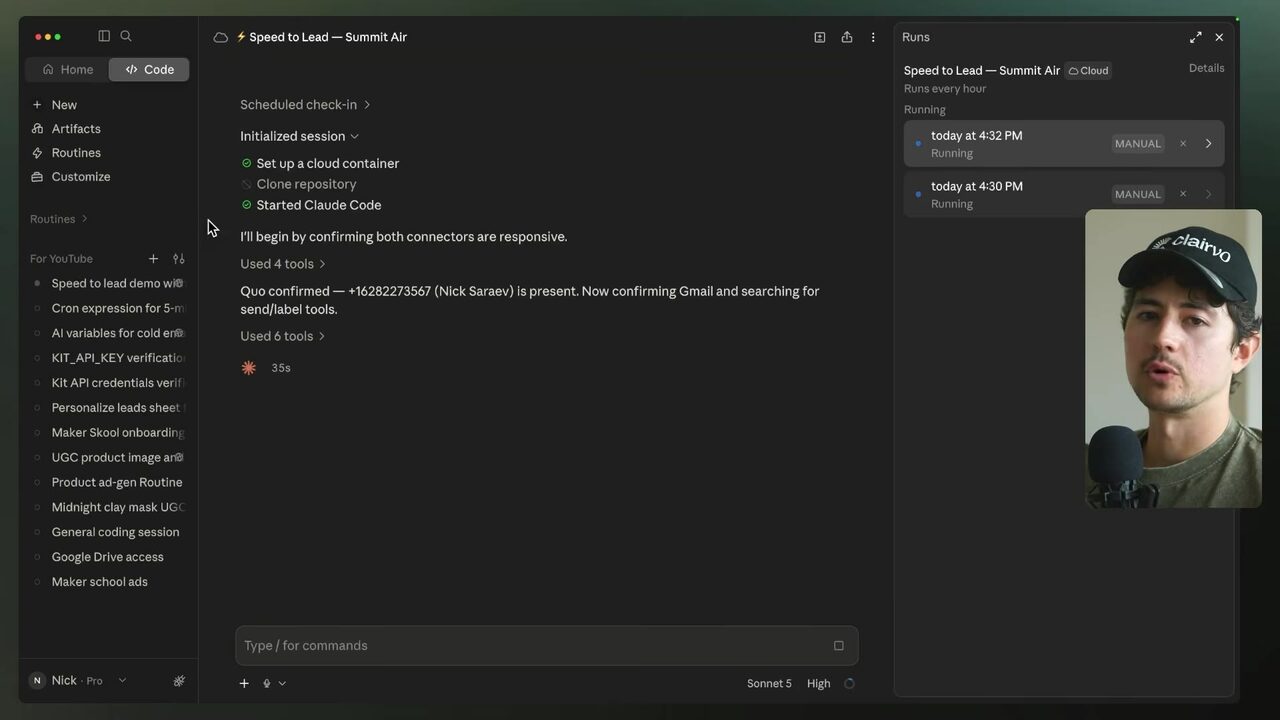 The Speed to Lead routine is shown running with live setup and connector-confirmation logs.
