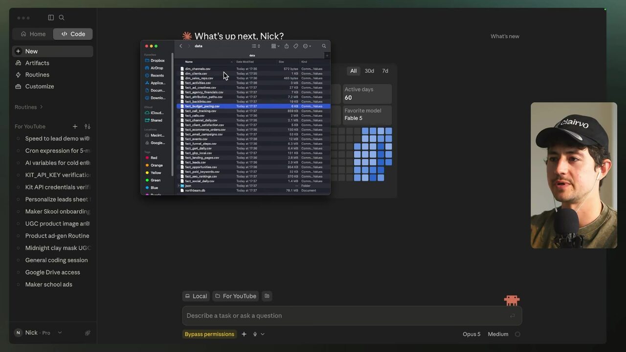 A Finder window displays the data folder with dimension and fact CSV files including channels, clients, sales reps, activities, ad creatives, agency financials, attribution paths, backlinks, and budget pacing.