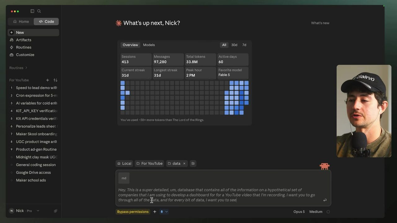 Claude Code displays the typed prompt describing a detailed hypothetical company database and asking for analysis of its data.