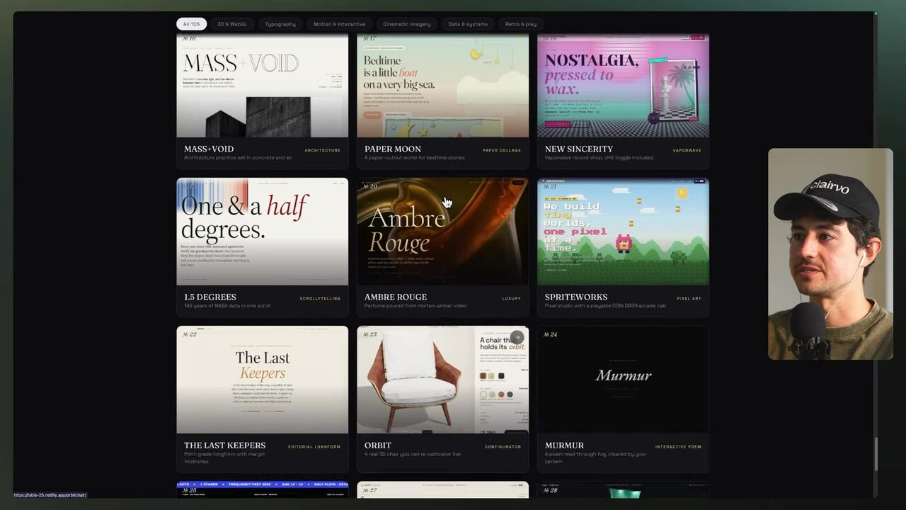 The Fable 25 showcase gallery displays a collection of interactive site concepts, including the architecture-themed MASS+VOID.