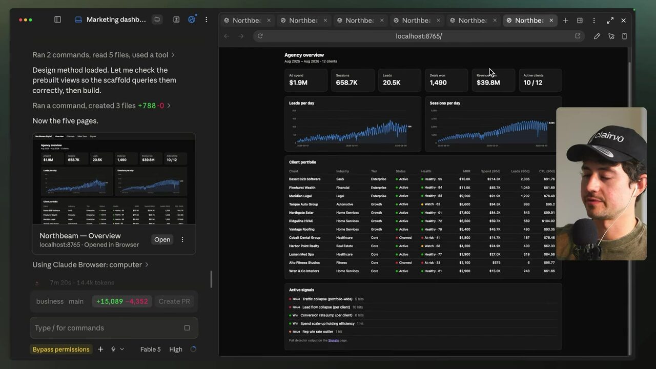 The Fable-5-built Northbeam Digital agency overview shows leads per day, a client portfolio, and active traffic-collapse signals.