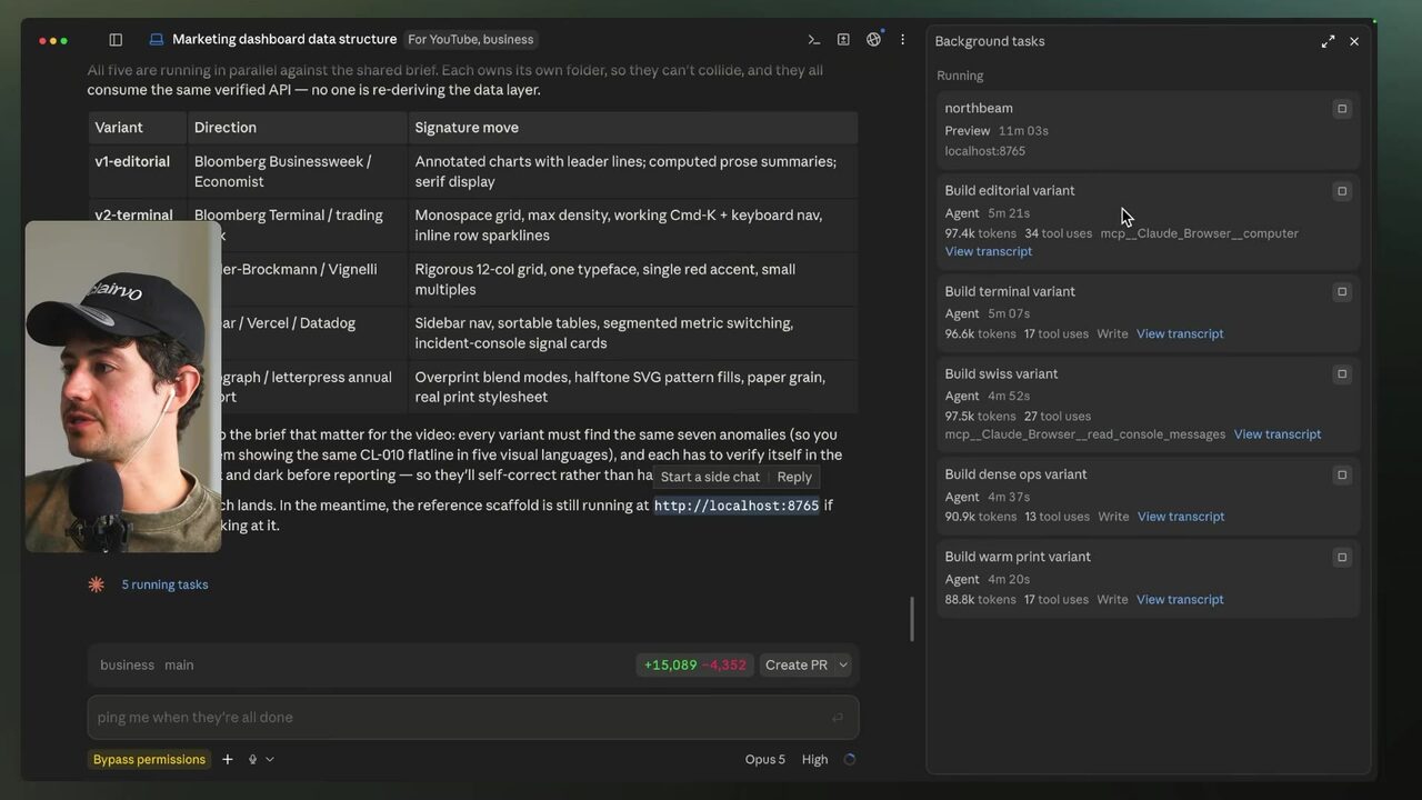 The Background tasks panel shows Northbeam and five parallel variant agents running, including editorial, terminal, Swiss, dense ops, and warm print variants.