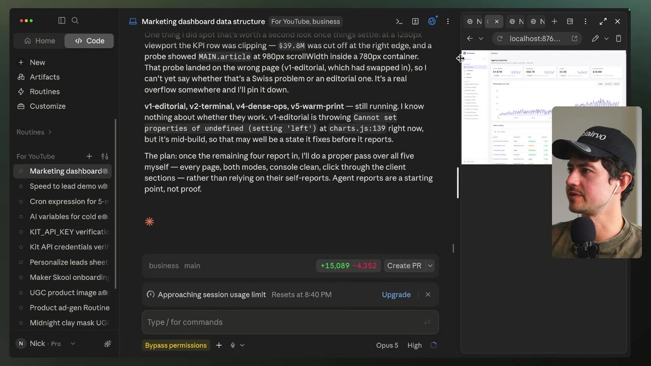 A near-black Claude workspace identifies the marketing dashboard variant as "v2-terminal" alongside other dashboard variants.
