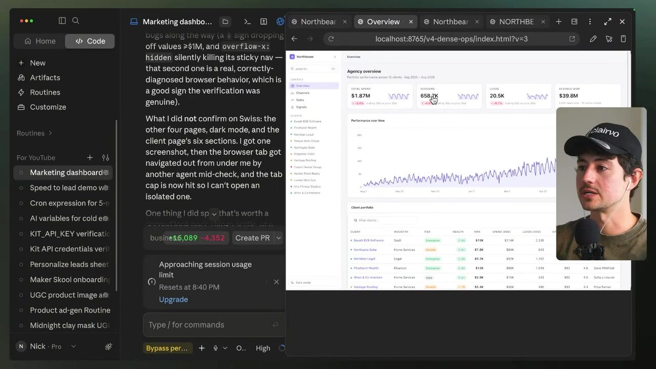 The marketing dashboard's Agency overview shows channel navigation, client listings, portfolio metrics, and a client filter.