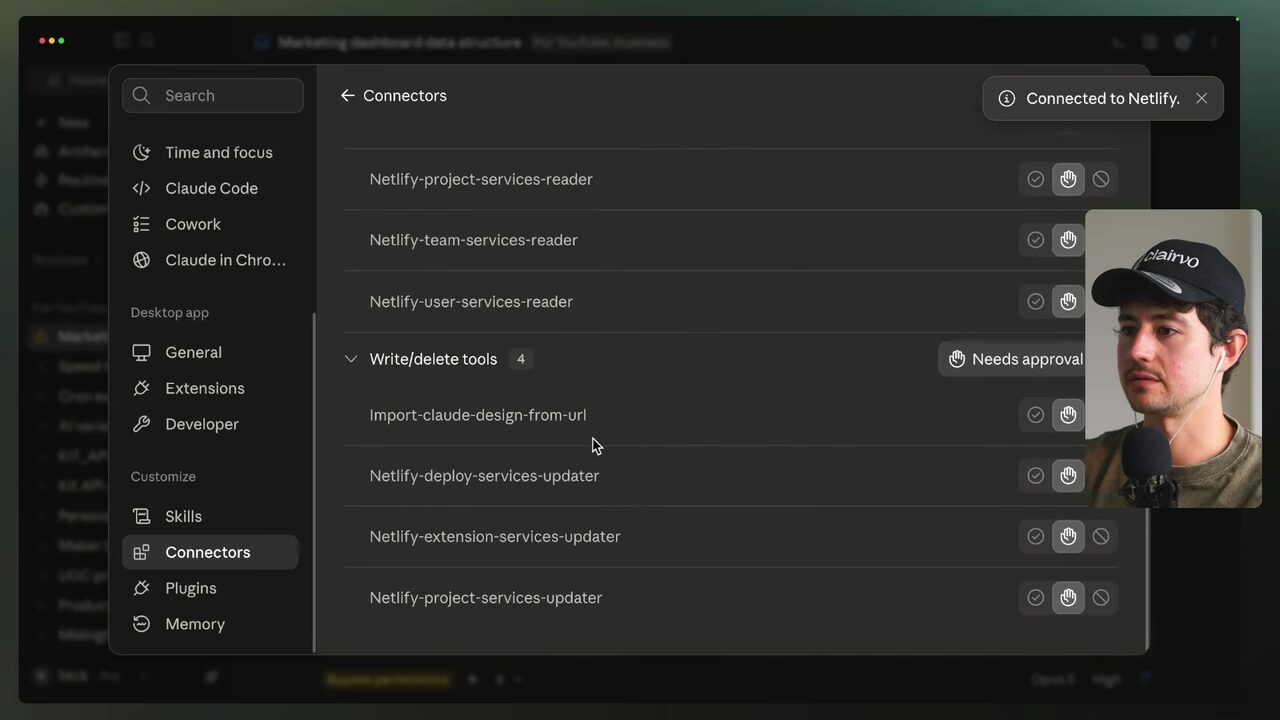 Claude's Netlify connector displays its authorized tool permissions, including importing a cloud design from a URL and Netlify deployment service tools.
