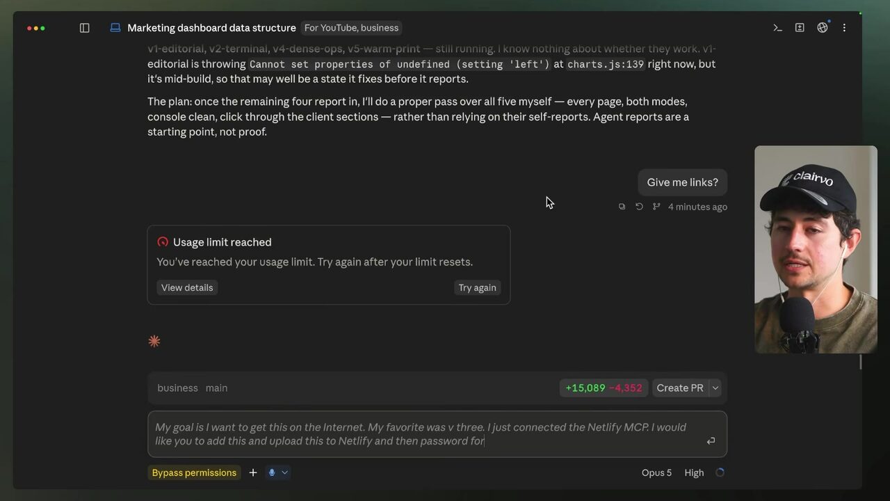 Claude's prompt field visibly contains a voice-dictated request to put the selected V3 version online using the connected Netlify MCP.