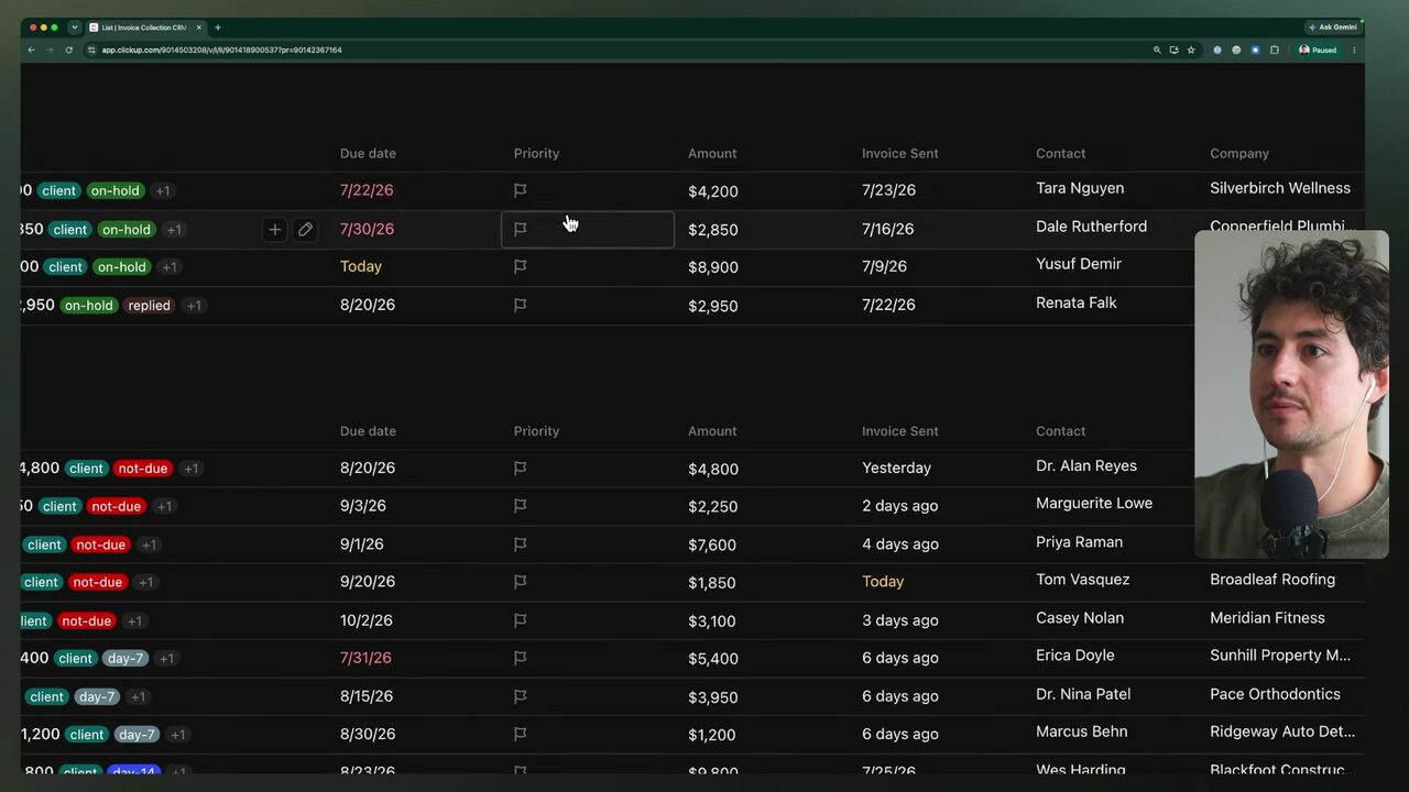 ClickUp’s Invoice Collection CRM displays client records separated by workflow tags including on-hold, not-due, and day-7, with invoice dates and payment-related details.