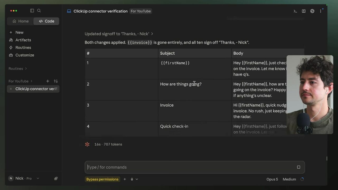 Claude Code displays the generated email template pool with subject and body columns, including “How are things going?”, “Invoice,” and “Quick check-in.”
