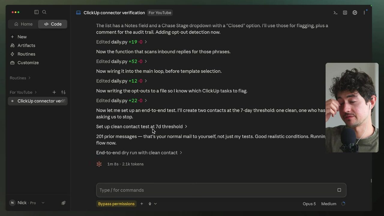 Claude identifies ClickUp’s Notes field and Chase Stage dropdown with a Closed option as the fields it will use for flagging.
