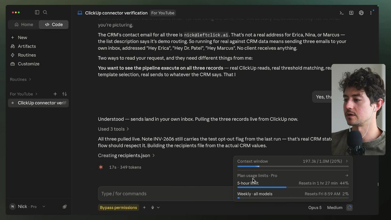 Claude’s usage popover shows 44% of the five-hour limit used with a reset in 1 hour 27 minutes while Opus 5 is selected.