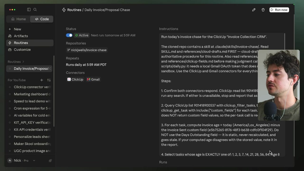 The active Daily Invoice/Proposal Chase routine is configured to run daily at 5:59 AM PDT using ClickUp and Gmail and references the invoice-chase skill.