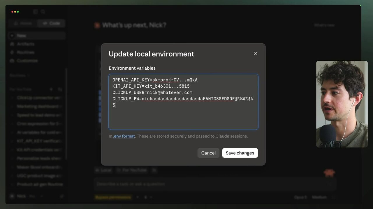Claude’s “Update local environment” dialog shows environment-variable fields for ClickUp user and password credentials.