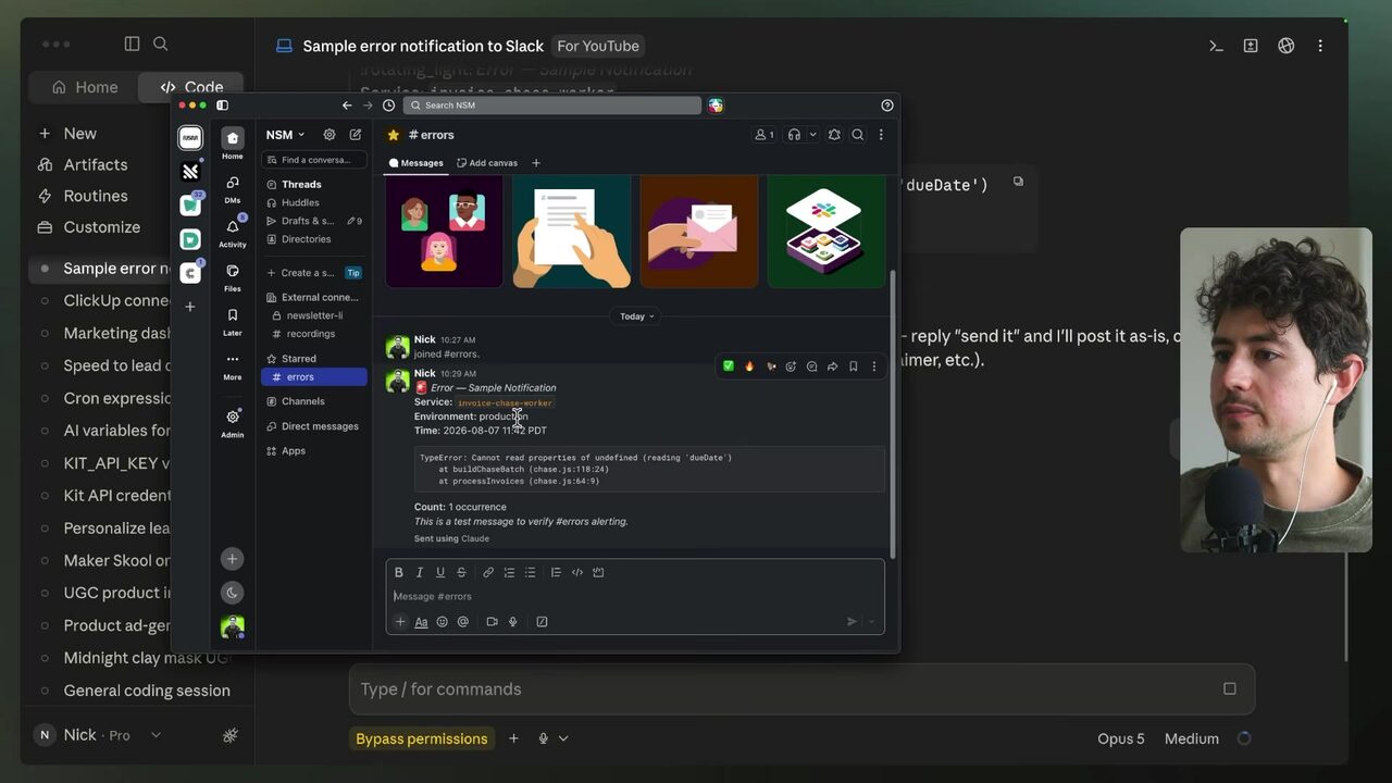 Slack’s #errors channel displays the posted sample notification for invoice-chase-worker in production, including the undefined-property TypeError and one occurrence.