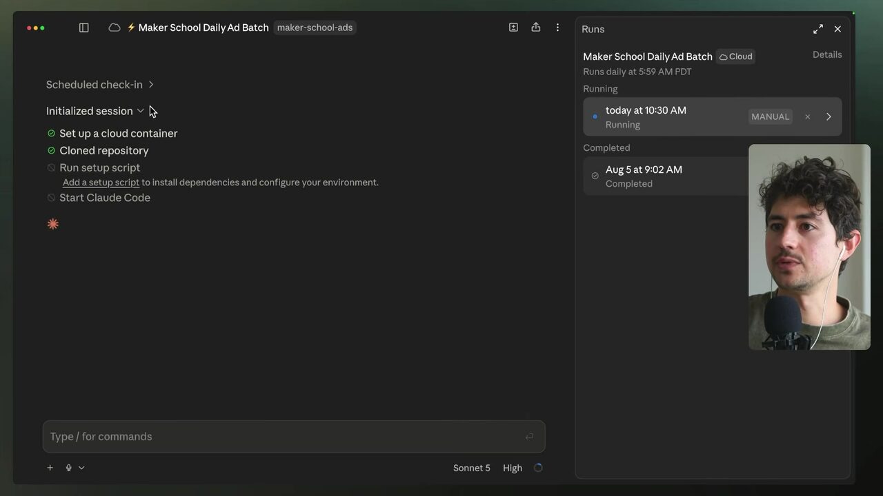 Claude Code displays the Maker School Daily Ad Batch routine run scheduled for today at 10:30 AM, including session initialization, repository cloning, and the option to add a setup script.
