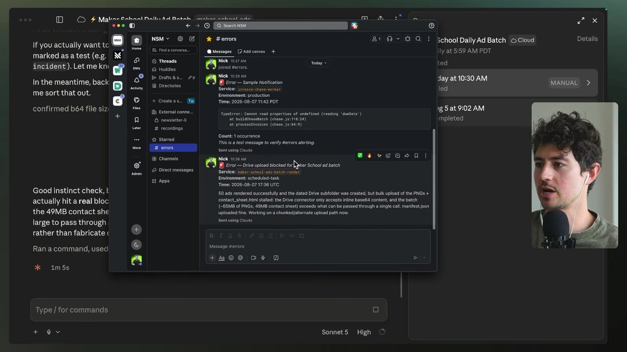 Slack’s #errors channel displays a Drive upload blocked error for the Maker School ad batch scheduled task, explaining that the bulk PNG and contact-sheet upload exceeded the connector’s single-call base64 limit.