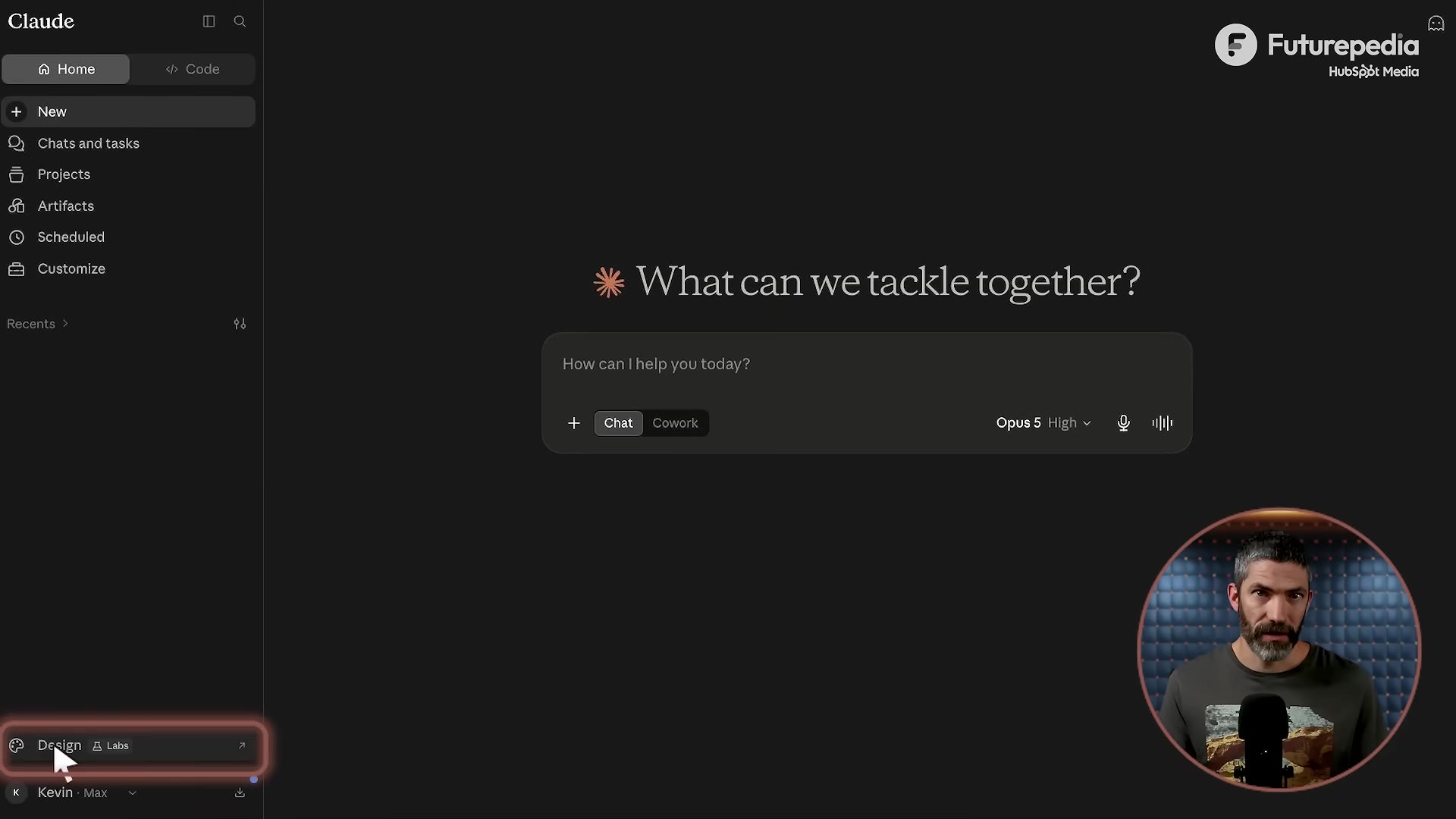 The Claude sidebar with the "Design" (Labs) entry highlighted at the bottom left