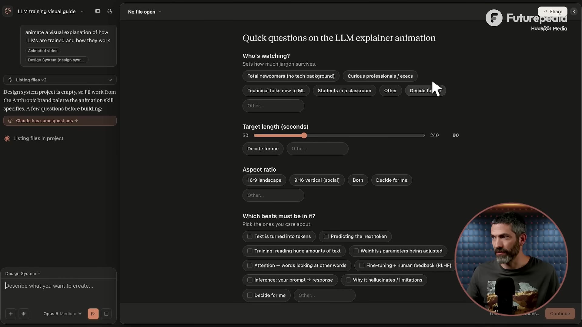 Claude's clarifying-questions panel: who is watching, target length, aspect ratio, which beats to include