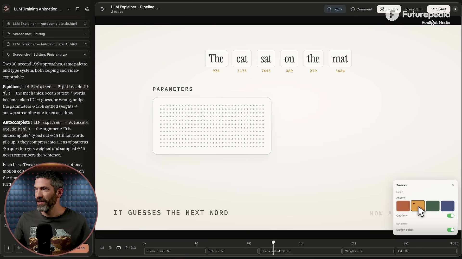 The generated animation with the Tweaks panel (accent color swatches, captions toggle) and a shot timeline