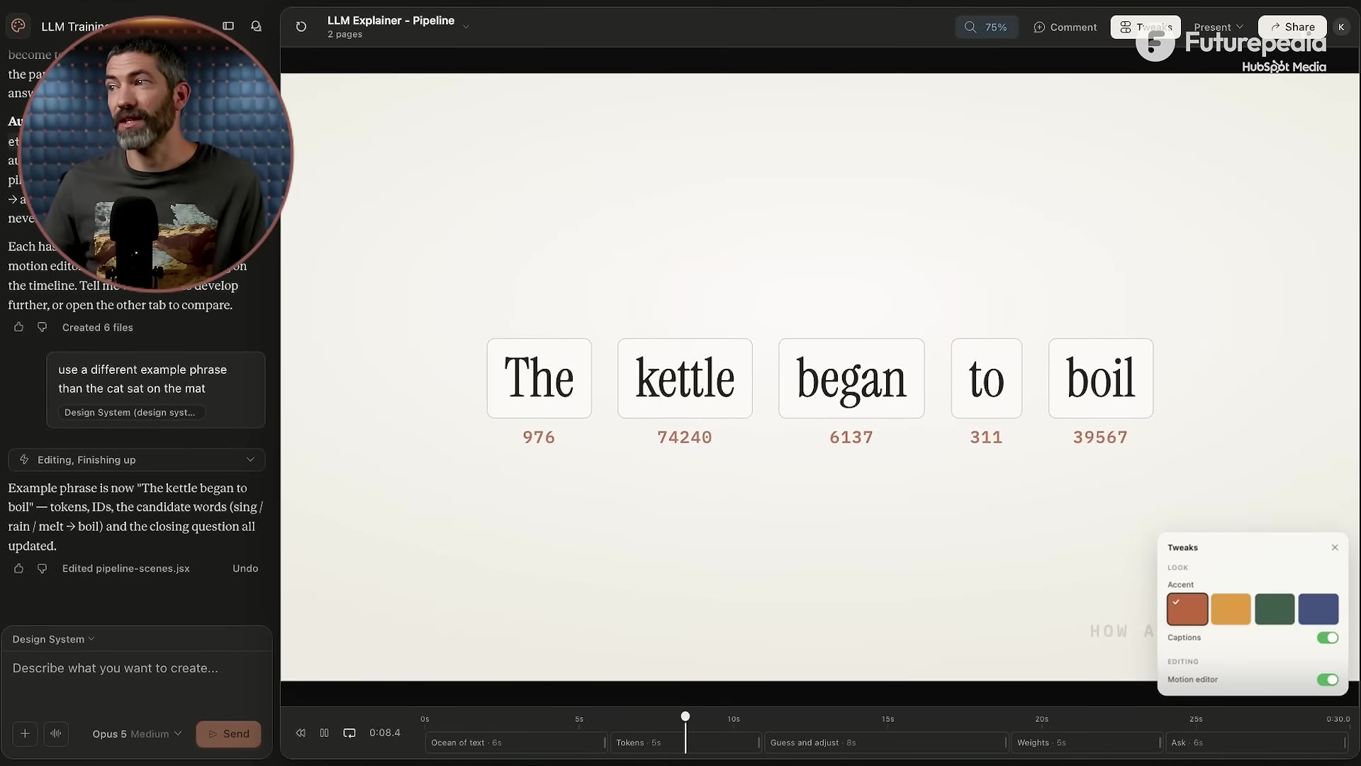 The same animation after a natural-language edit, now reading "The kettle began to boil"