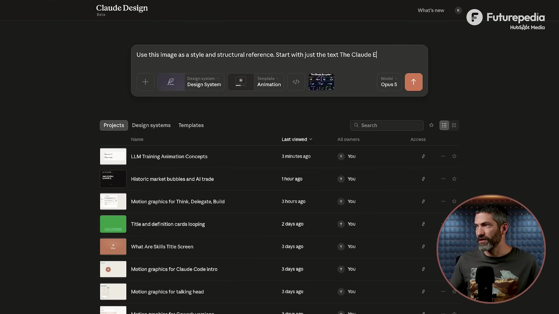 The Claude Design prompt bar with an image attached and the Animation template selected