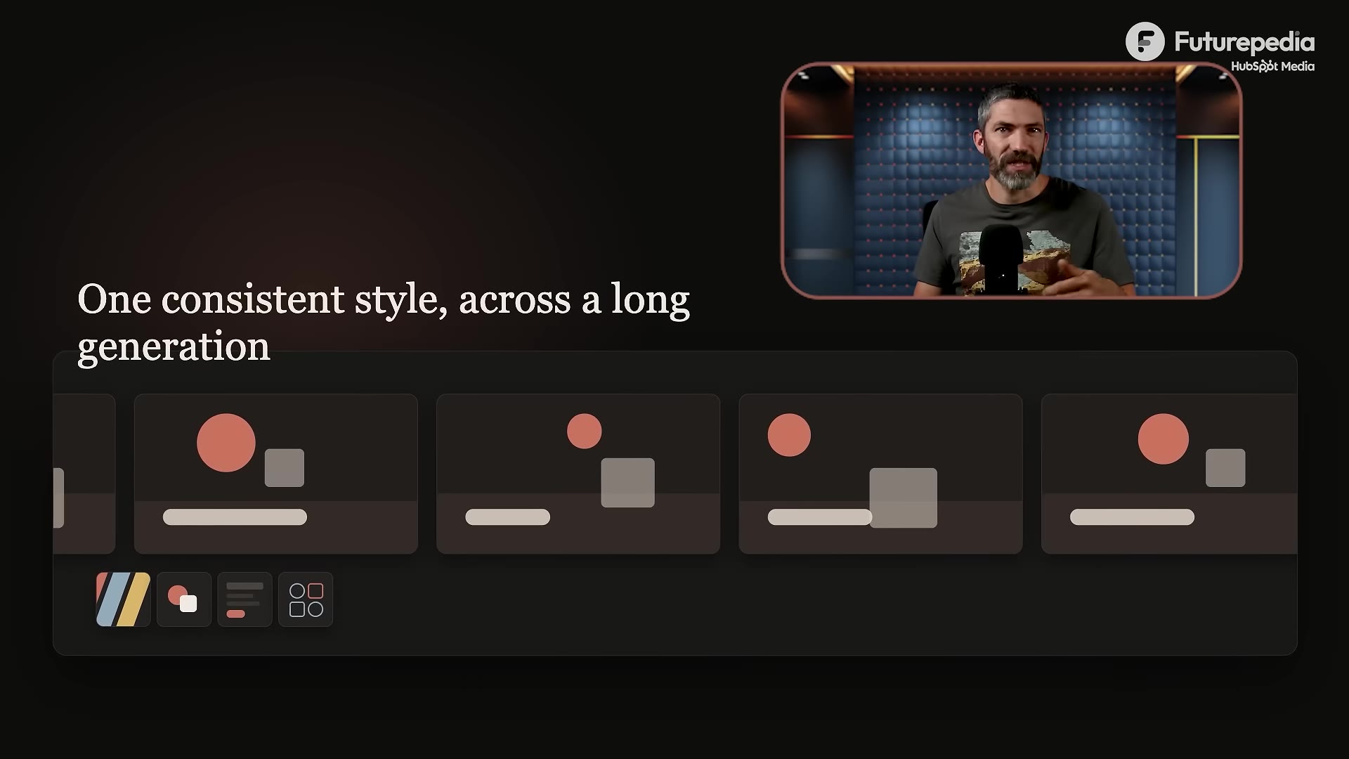 A concept card: "One consistent style, across a long generation," with several frames sharing one look