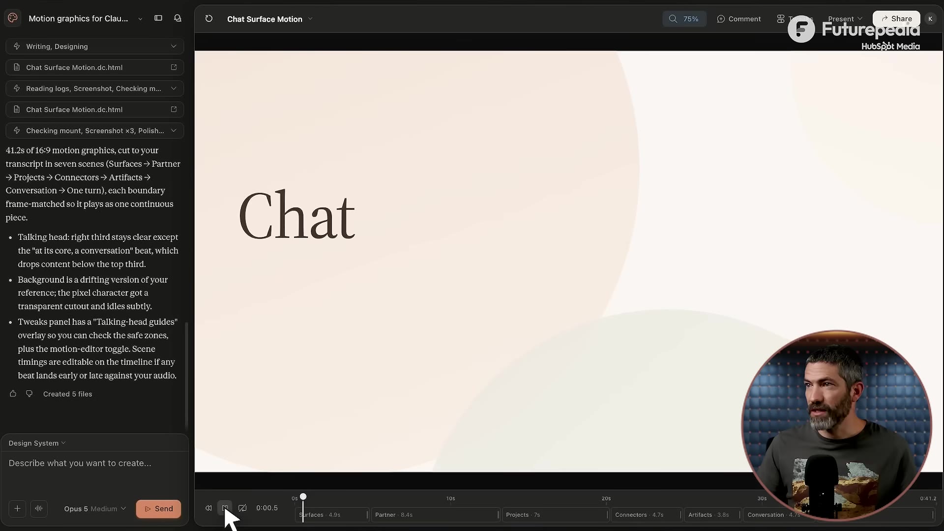The generated "Chat" motion graphic with a scene timeline (Surfaces, Partner, Projects, Connectors, Artifacts, Conversation)