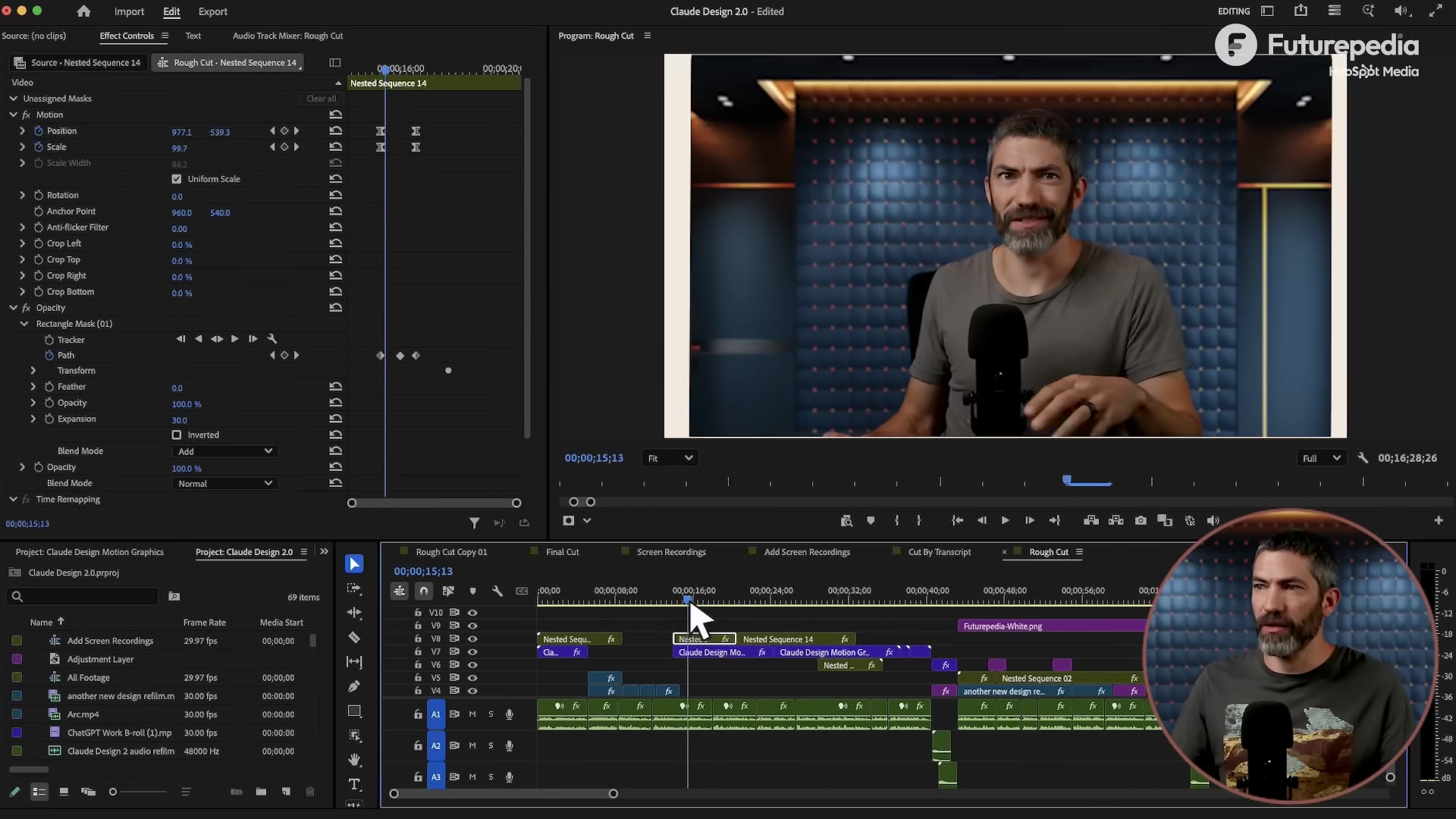 Adobe Premiere Pro with Motion scale/position keyframes and a rectangle mask in the Effect Controls panel