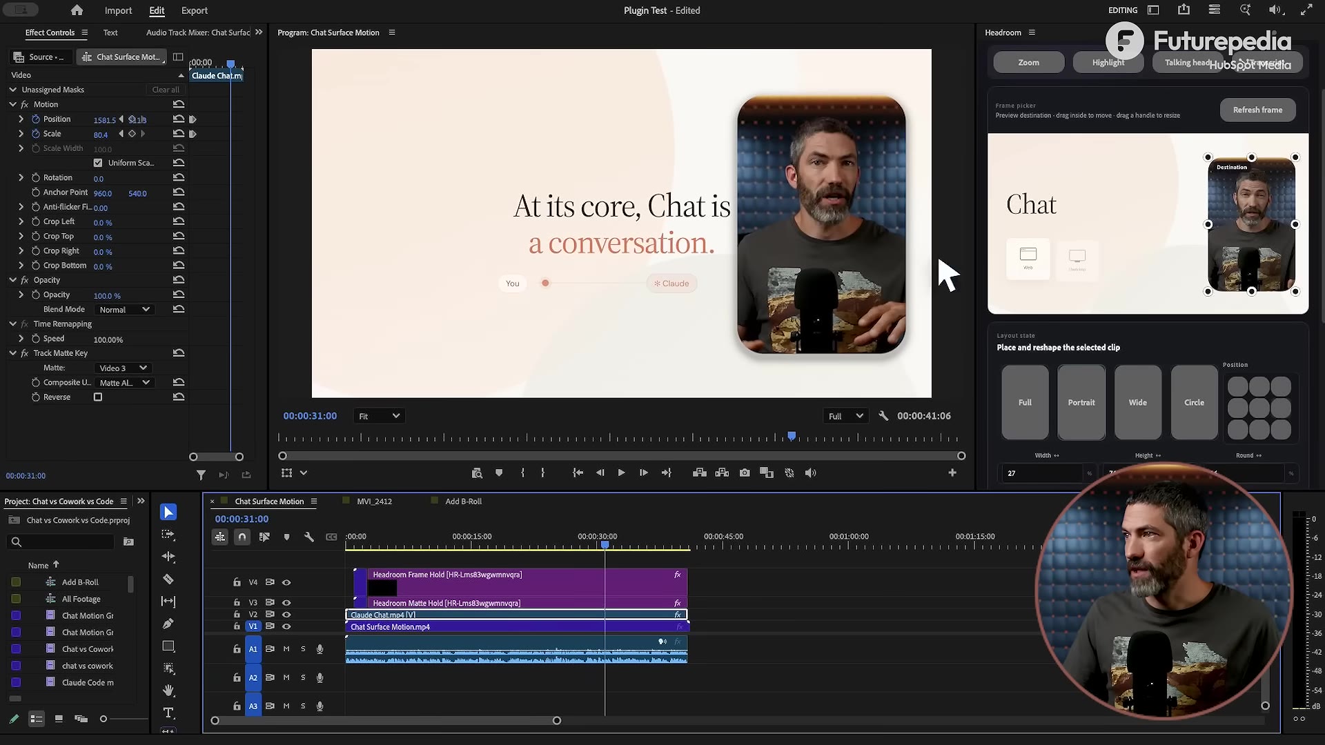 The custom "Headroom" Premiere plugin panel with Zoom/Highlight/Talking-head tabs and position presets, next to the composited talking head