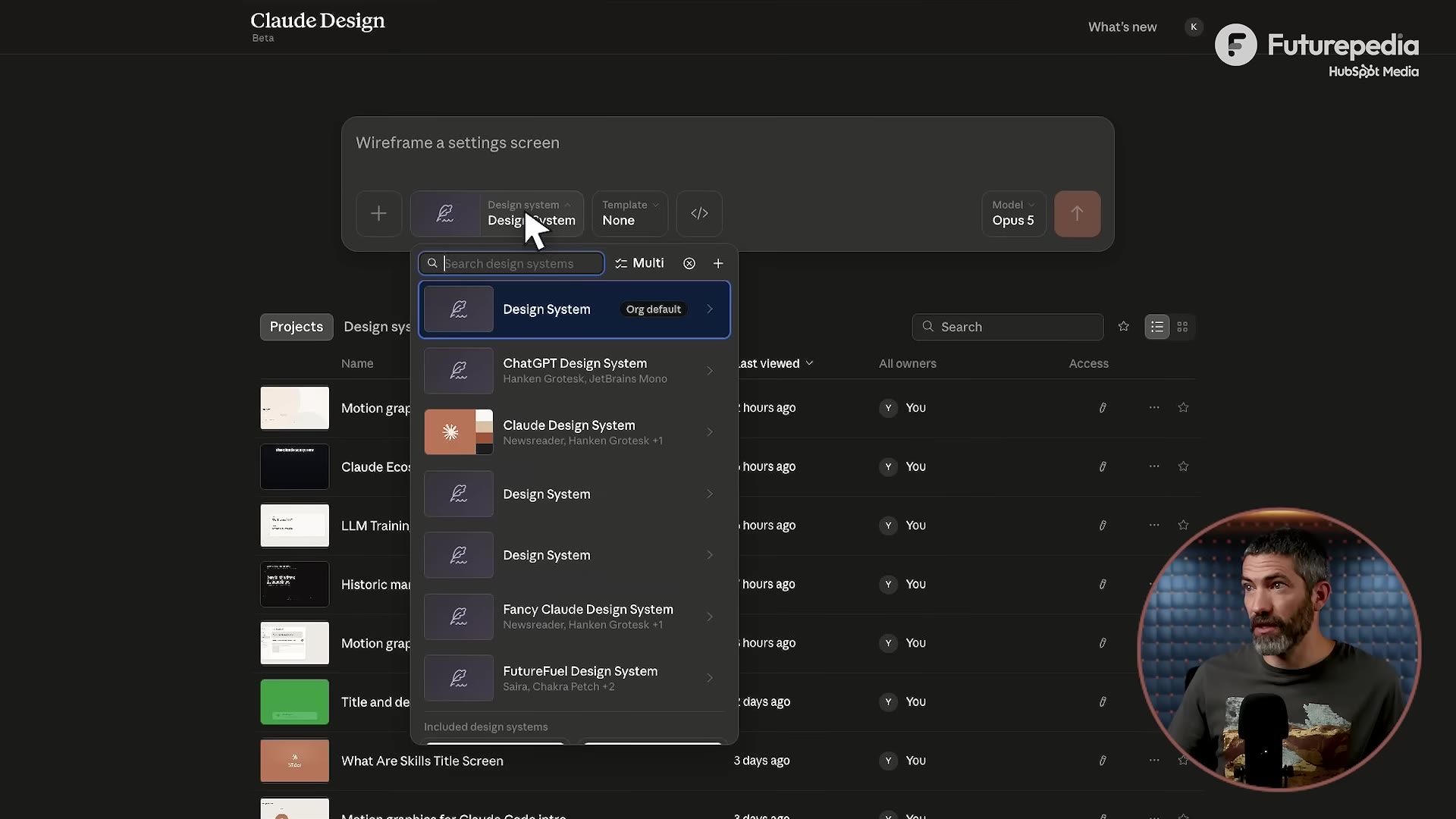 The design-system dropdown listing saved systems (Org default, ChatGPT, Claude, etc.) with a "Multi" toggle