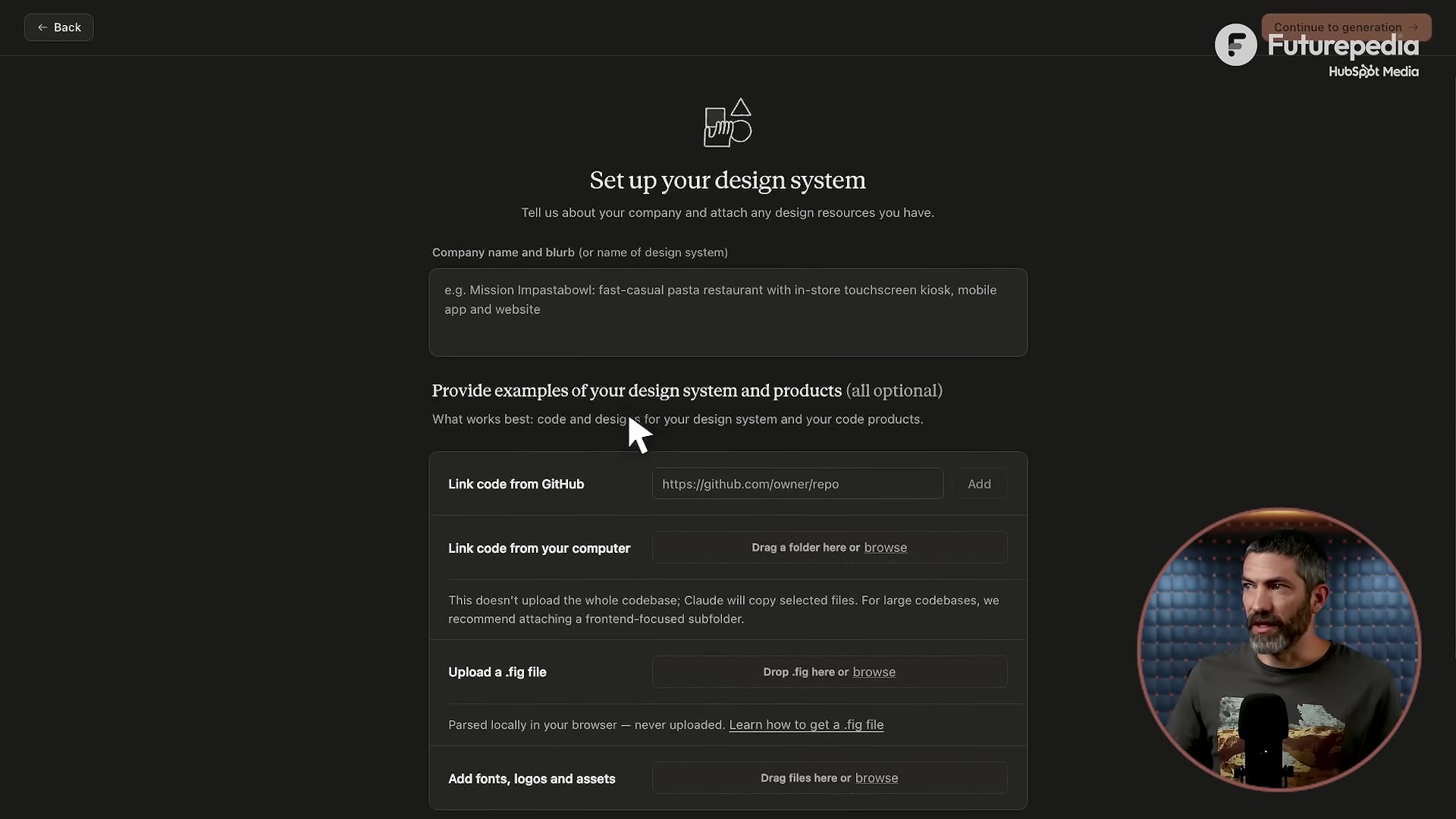 The "Set up your design system" screen: link GitHub, link a folder, upload a .fig, or add fonts/logos/assets