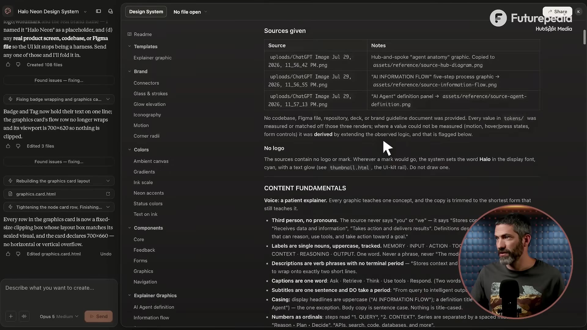 The generated "Halo Neon" design system document with a left nav (Brand, Colors, Components, Explainer Graphics) and content-fundamentals rules