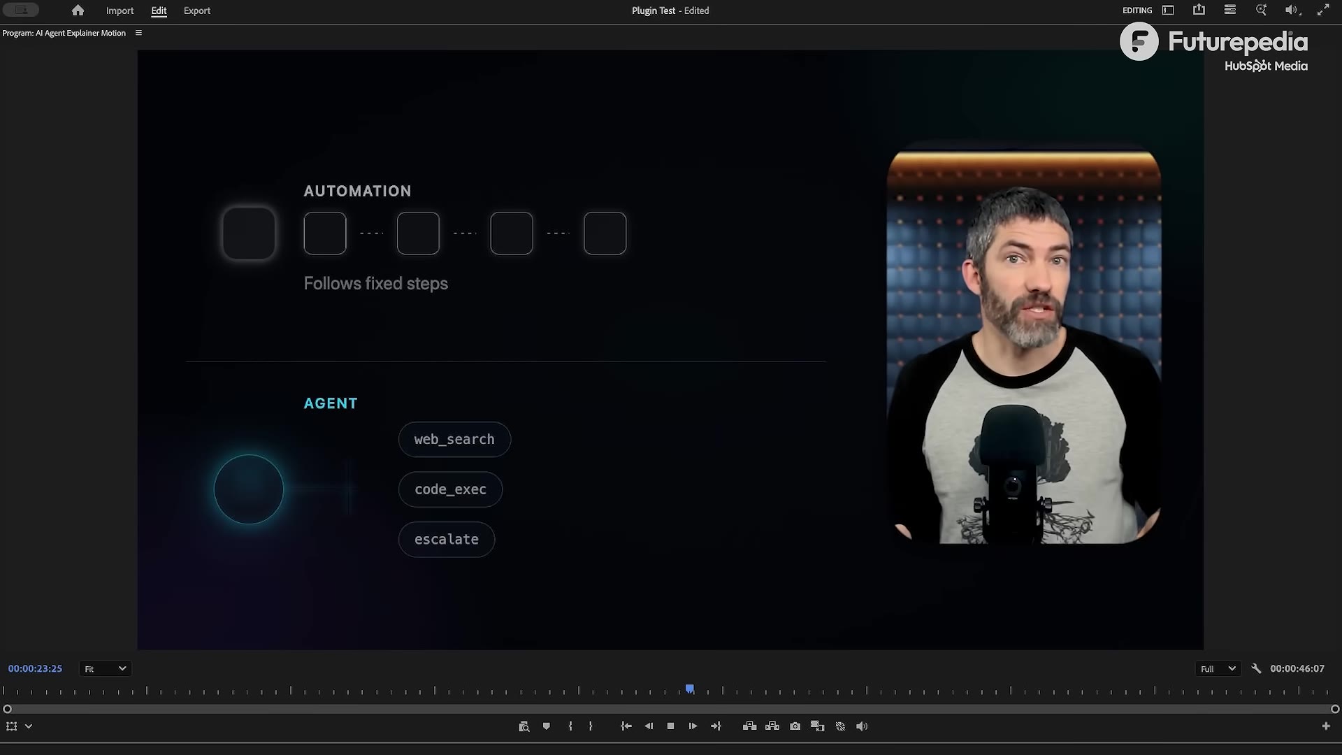 An "AI Agent Explainer Motion" result: Automation ("follows fixed steps") vs Agent (web_search, code_exec, escalate), with the talking head composited