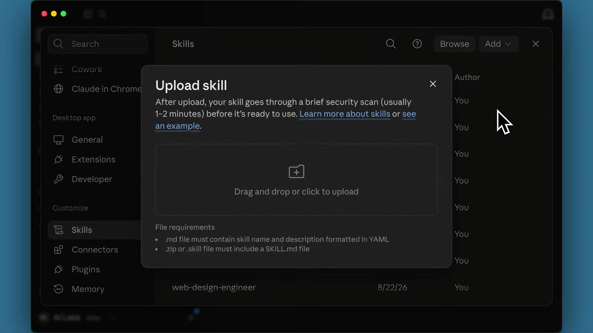 Claude Skills settings with the Upload skill dialog