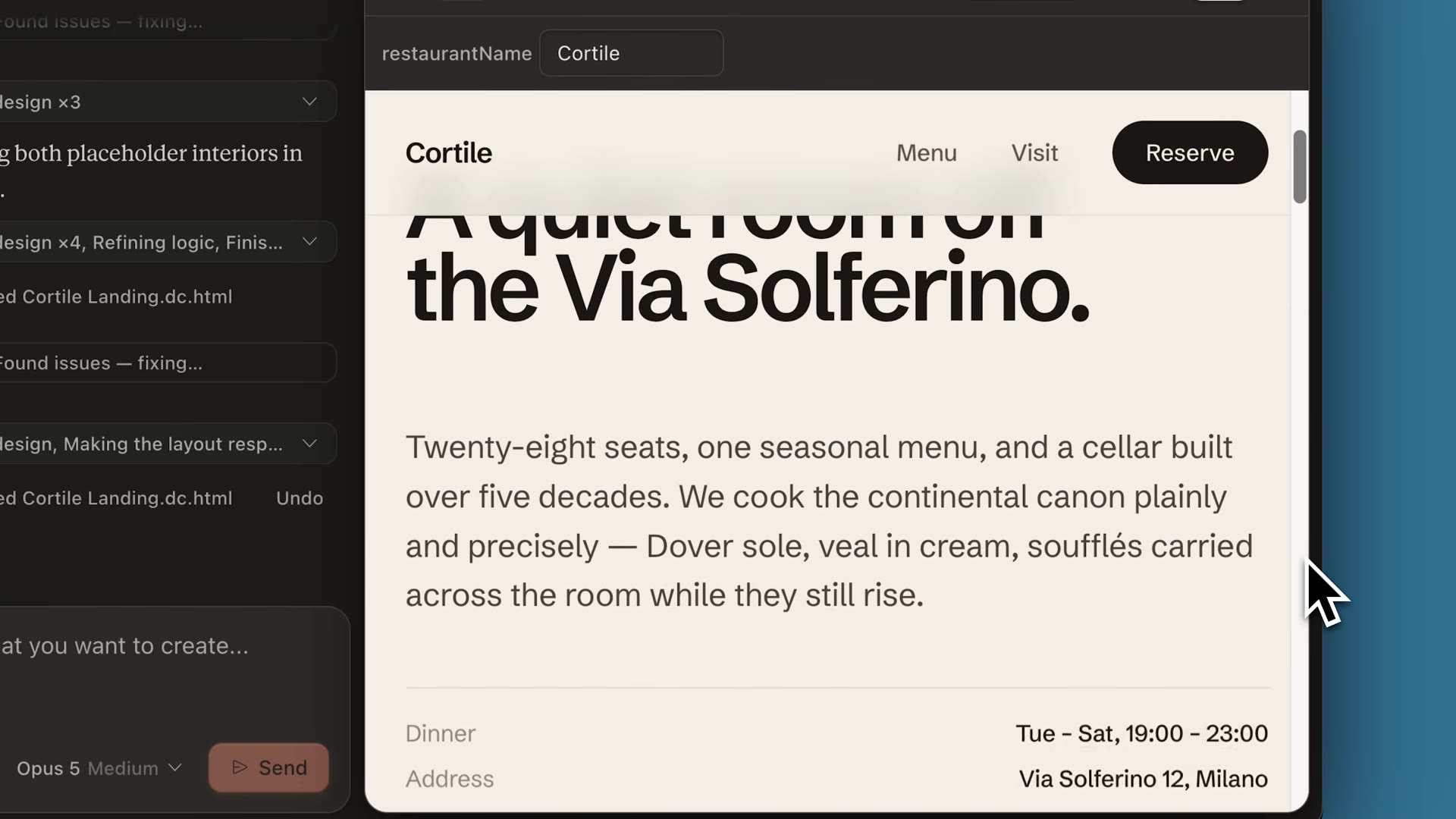 Claude Design building the Cortile restaurant landing page