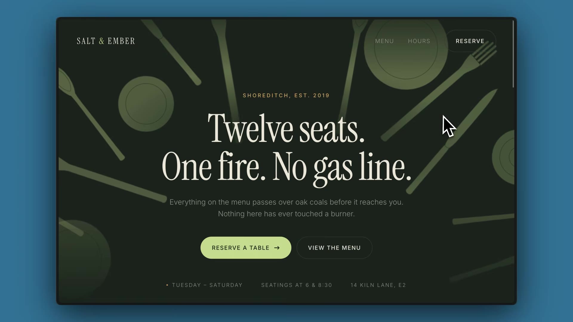Salt & Ember restaurant landing page produced by the design-engineer skill