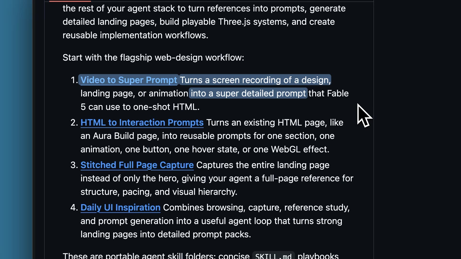 Mangto's skill list showing Video to Super Prompt and related workflows