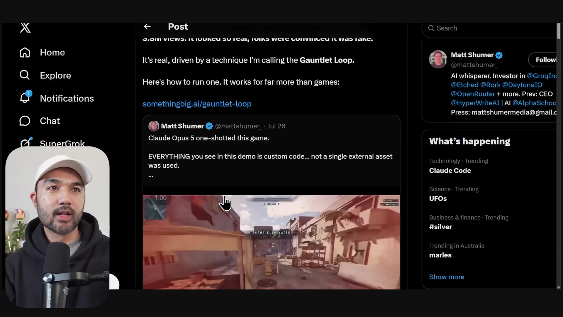 Matt Shumer's X post introducing the gauntlet loop, with the quoted claim that Claude Opus 5 one-shotted the game using only custom code