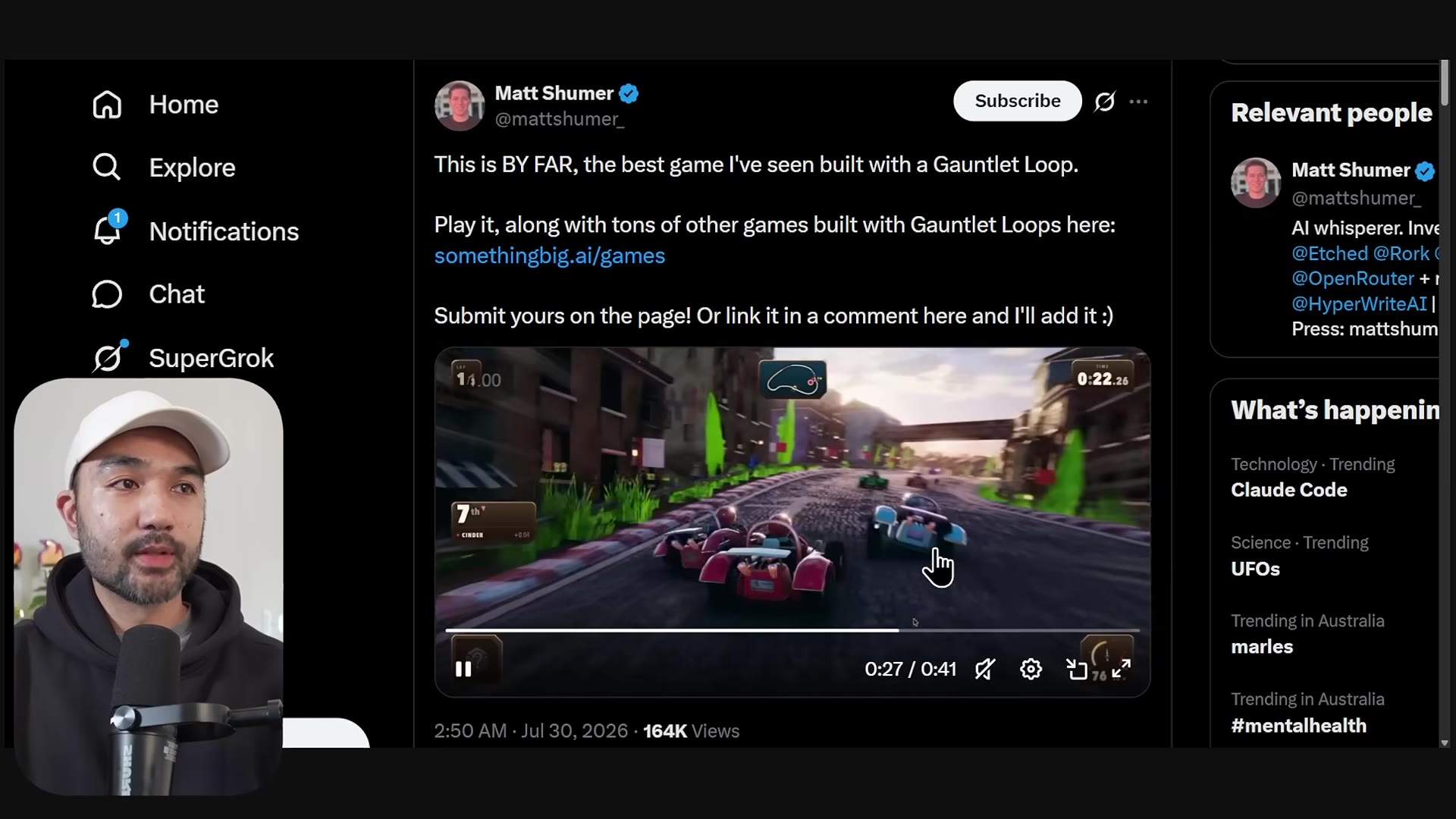 A Mario-Kart-style racing game built with a gauntlet loop, shown in a Matt Shumer post linking somethingbig.ai/games