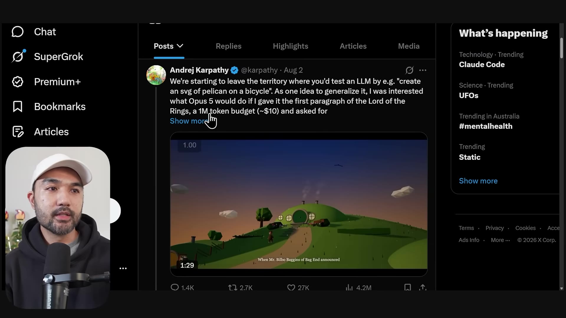 Andrej Karpathy's X post about leaving the pelican-SVG test era, with a low-poly 3D Hobbiton render generated by Opus 5