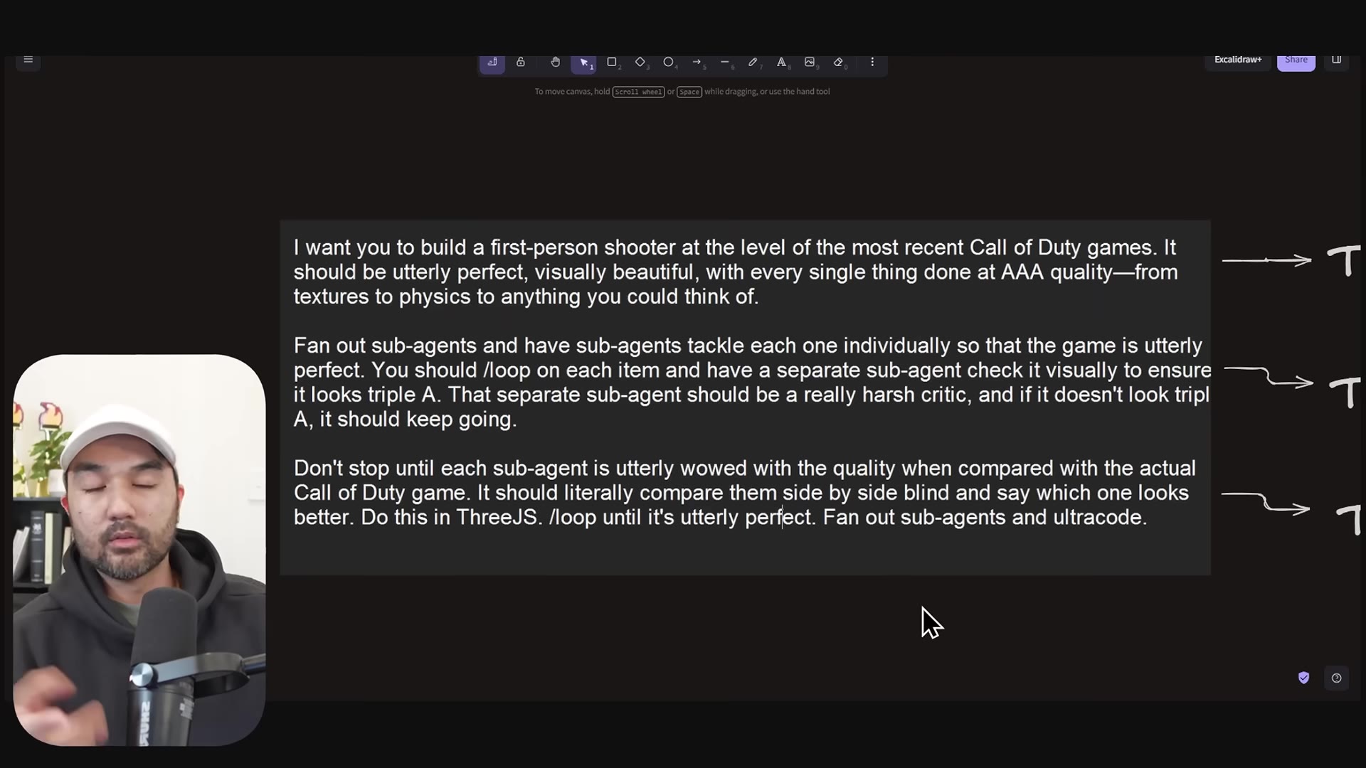 The full gauntlet loop prompt shown in Excalidraw