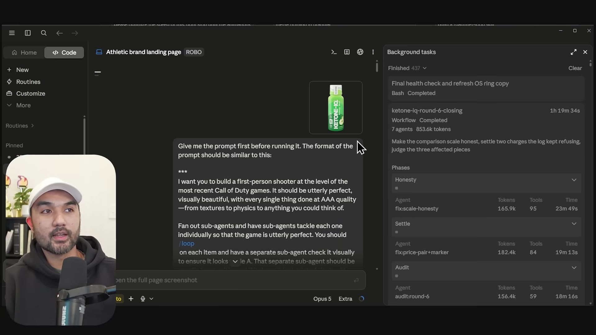 Claude Code building the landing page, background tasks showing a completed workflow: 7 agents, 853.6k tokens, phases Honesty/Settle/Audit
