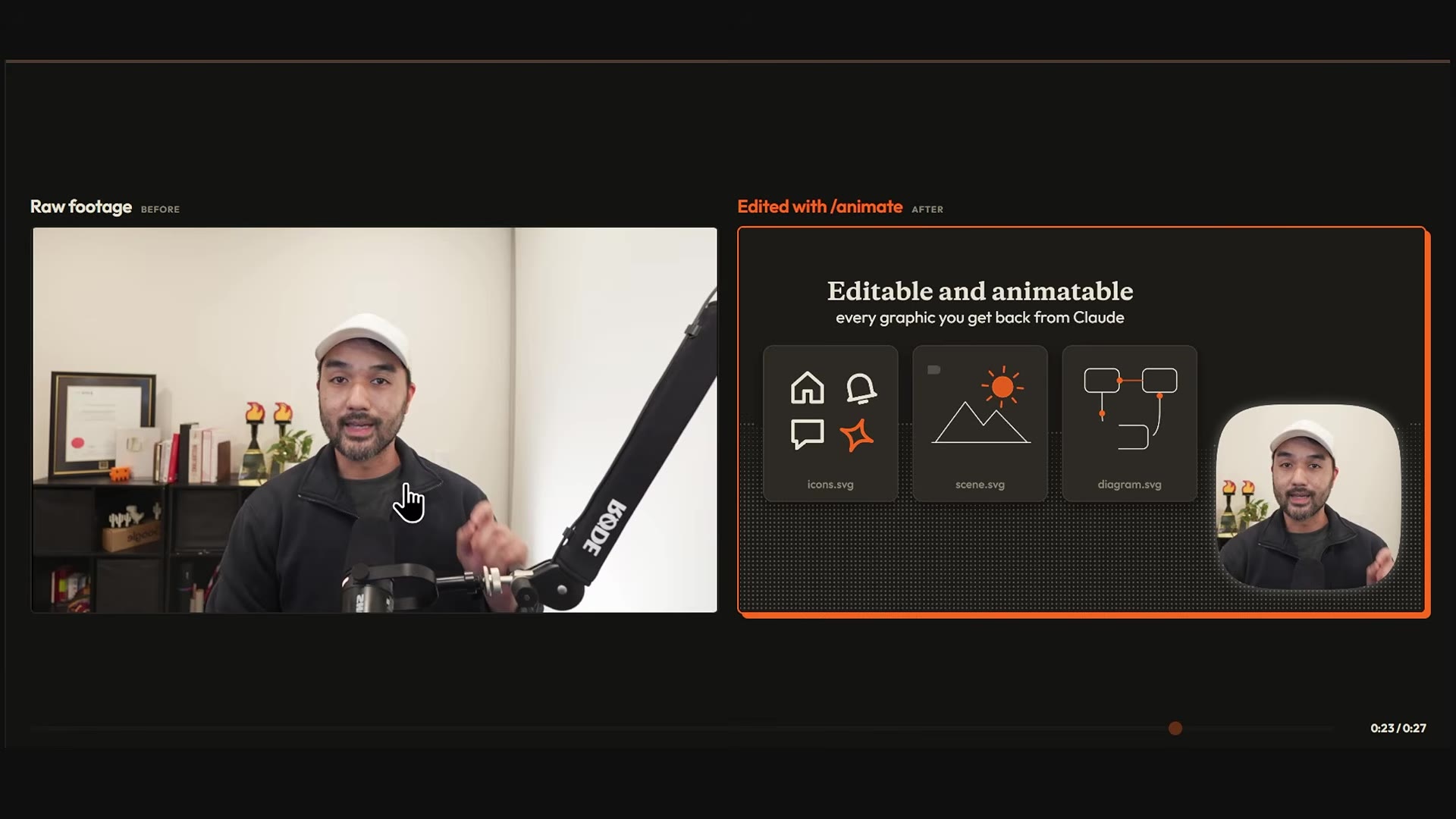Side-by-side: raw talking-head footage on the left, the /animate edit on the right with the card "Editable and animatable: every graphic you get back from Claude"