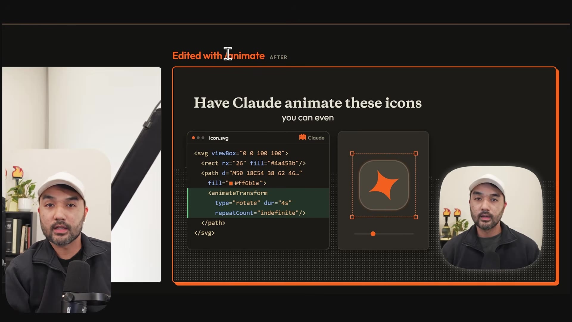 The /animate edit showing "Have Claude animate these icons" beside the SVG source with an animateTransform rotate instruction